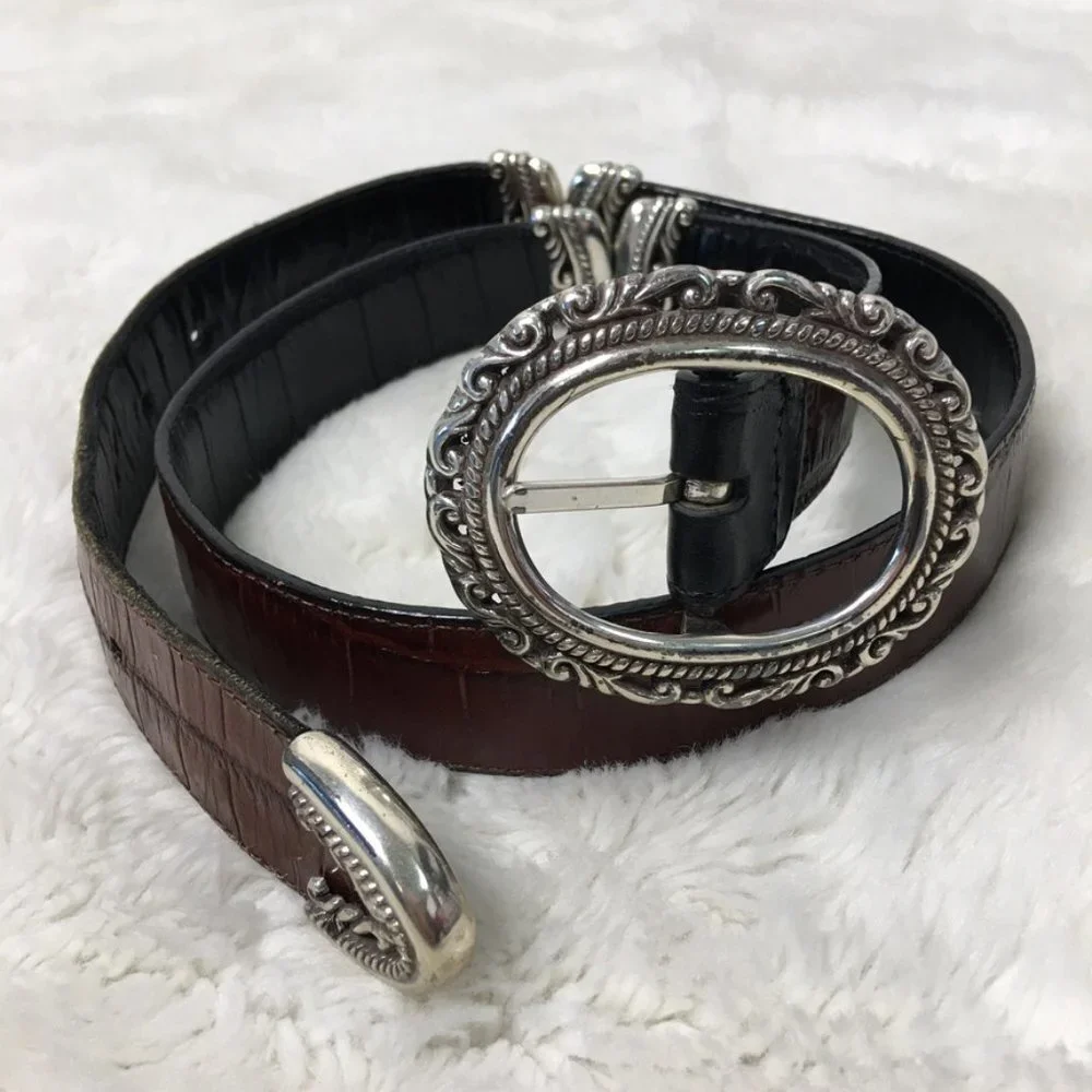 Brighton Womens Reversible Silver Black Brown Leather Belt size Medium